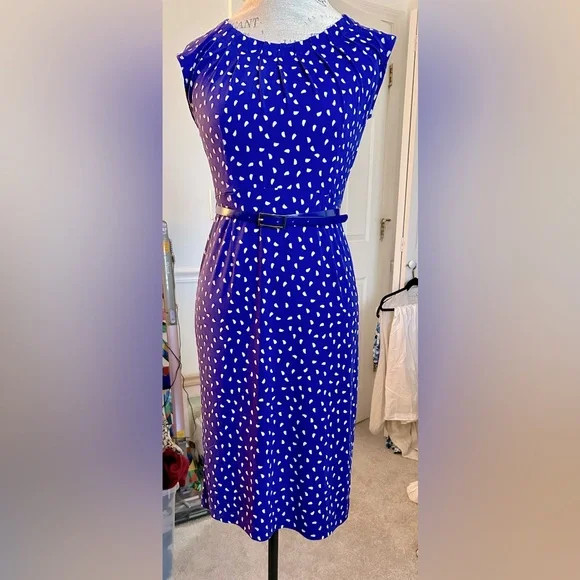 Charter Club Cap Sleeve Belted Blue Midi Dress, White Polka Dots, 8P